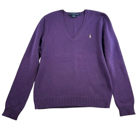 Ralph Lauren Sport XL Sweater Purple V-Neck Multi Color Pony Vtg Y2K Academia - Picture 1 of 11